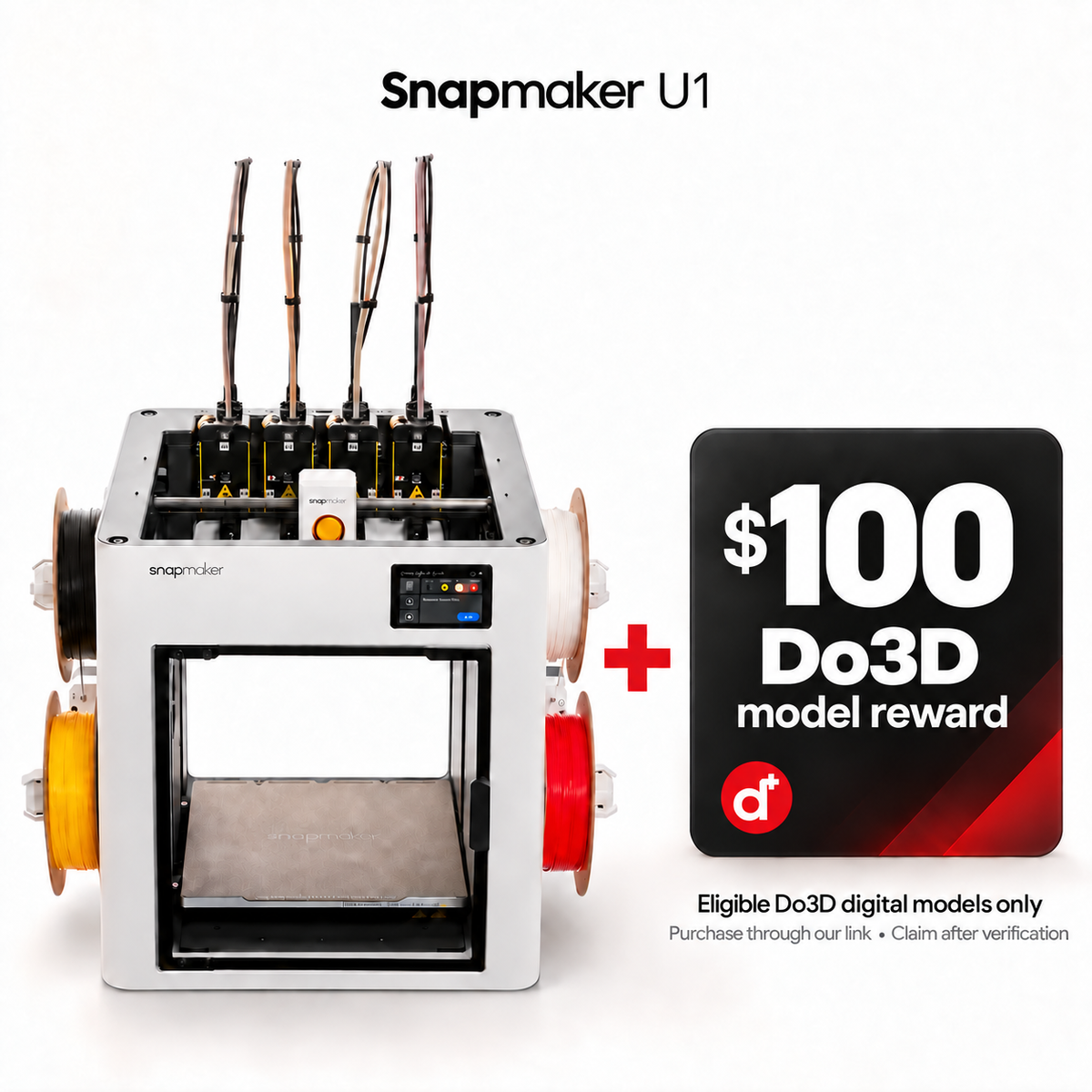 Snapmaker U1 with a $100 reward for eligible Do3D digital models after purchase verification