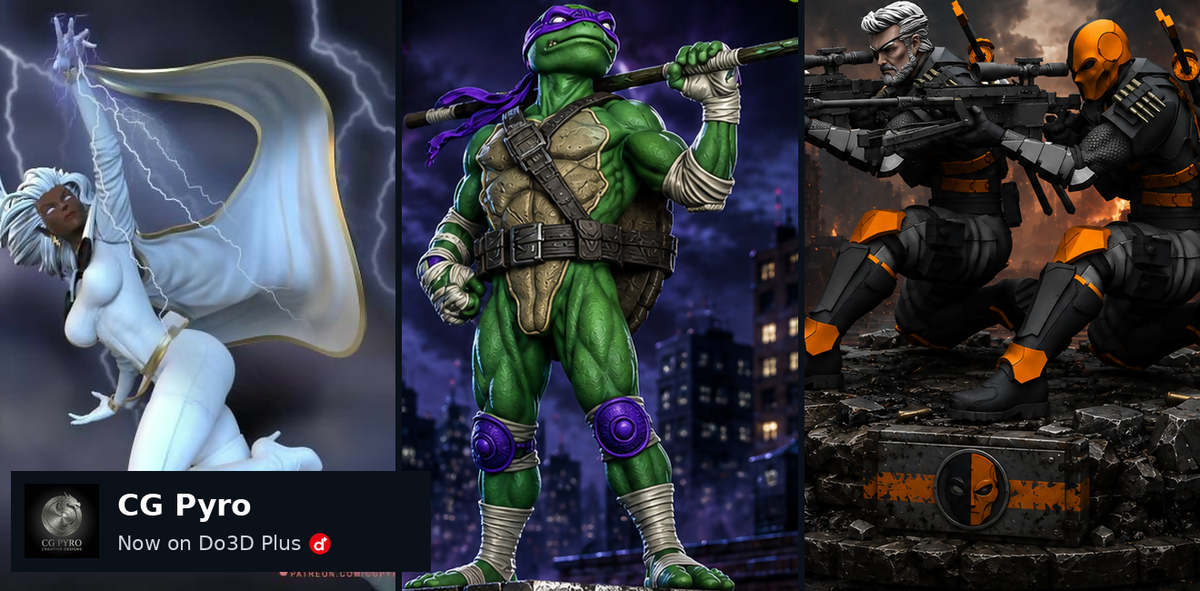 CG Pyro 3D Printing Models collection featuring Storm, Donatello and Deathstroke, now available on Do3D Plus