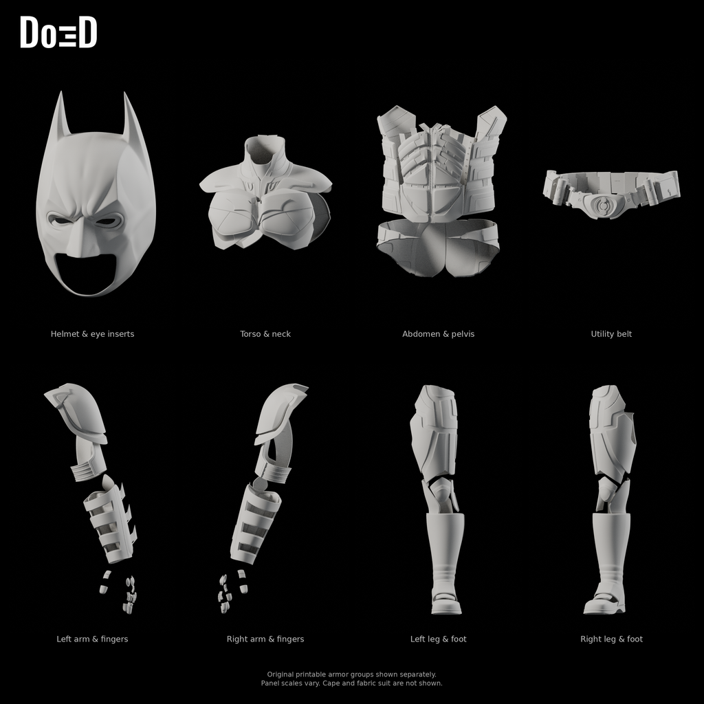 Batman The Dark Knight 2008 #27 original printable armor, Blender matte-clay front views; groups shown separately at varying panel scales; cape and fabric suit not shown