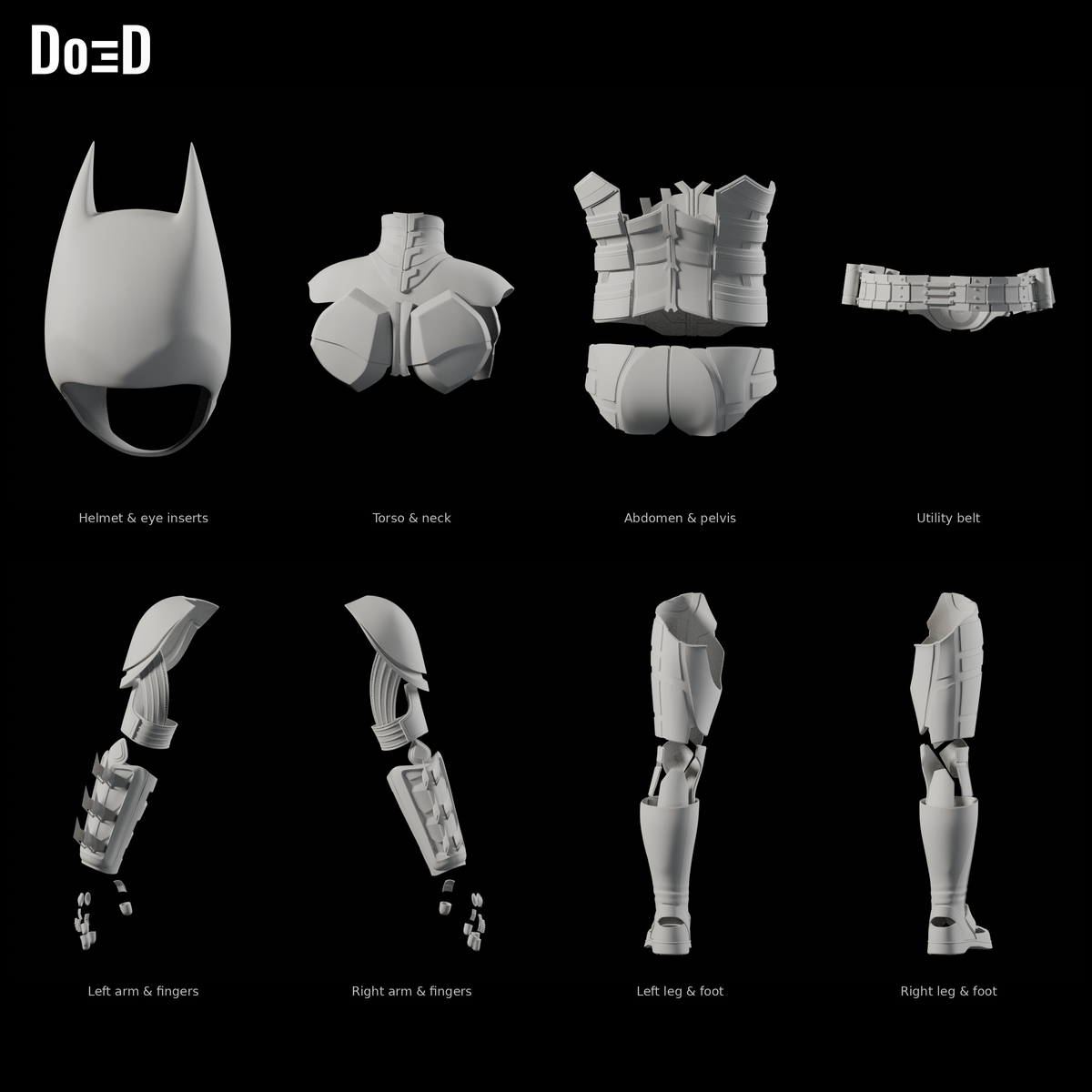 Batman The Dark Knight 2008 #27 original printable armor, Blender matte-clay rear views; groups shown separately at varying panel scales; cape and fabric suit not shown