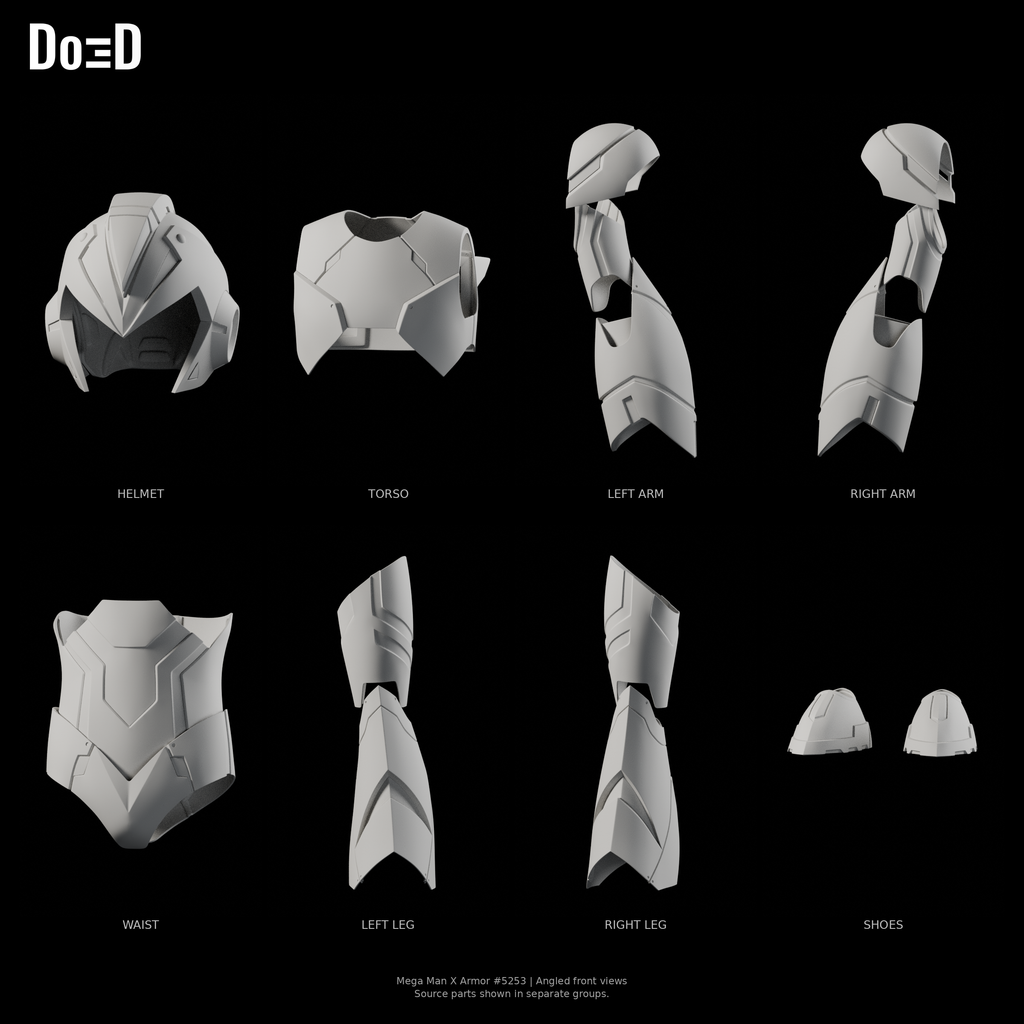 Mega Man X Armor 5253, Blender matte-clay angled front views of the supplied helmet and armor parts in separate source groups