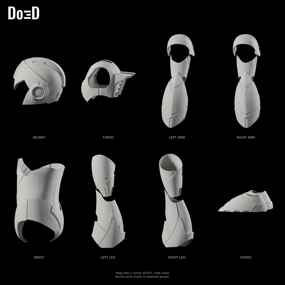 Mega Man X Armor 5253, Blender matte-clay side views of the supplied helmet and armor parts in separate source groups