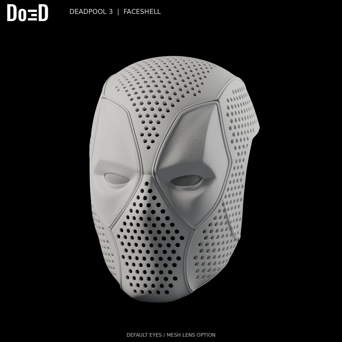 Deadpool 3 faceshell, original default mesh-eye configuration, Blender rendered front view