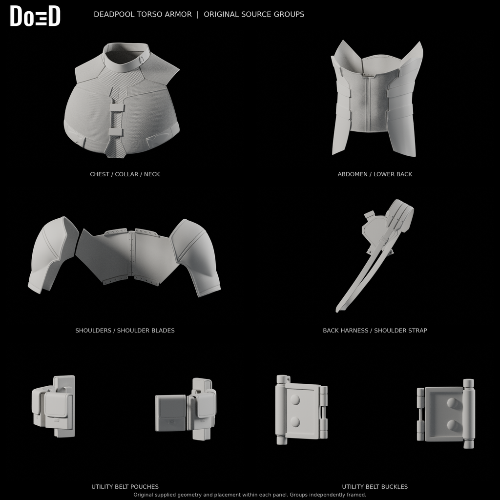 Deadpool torso armor, original supplied components in six separately framed source groups, Blender rendered front views