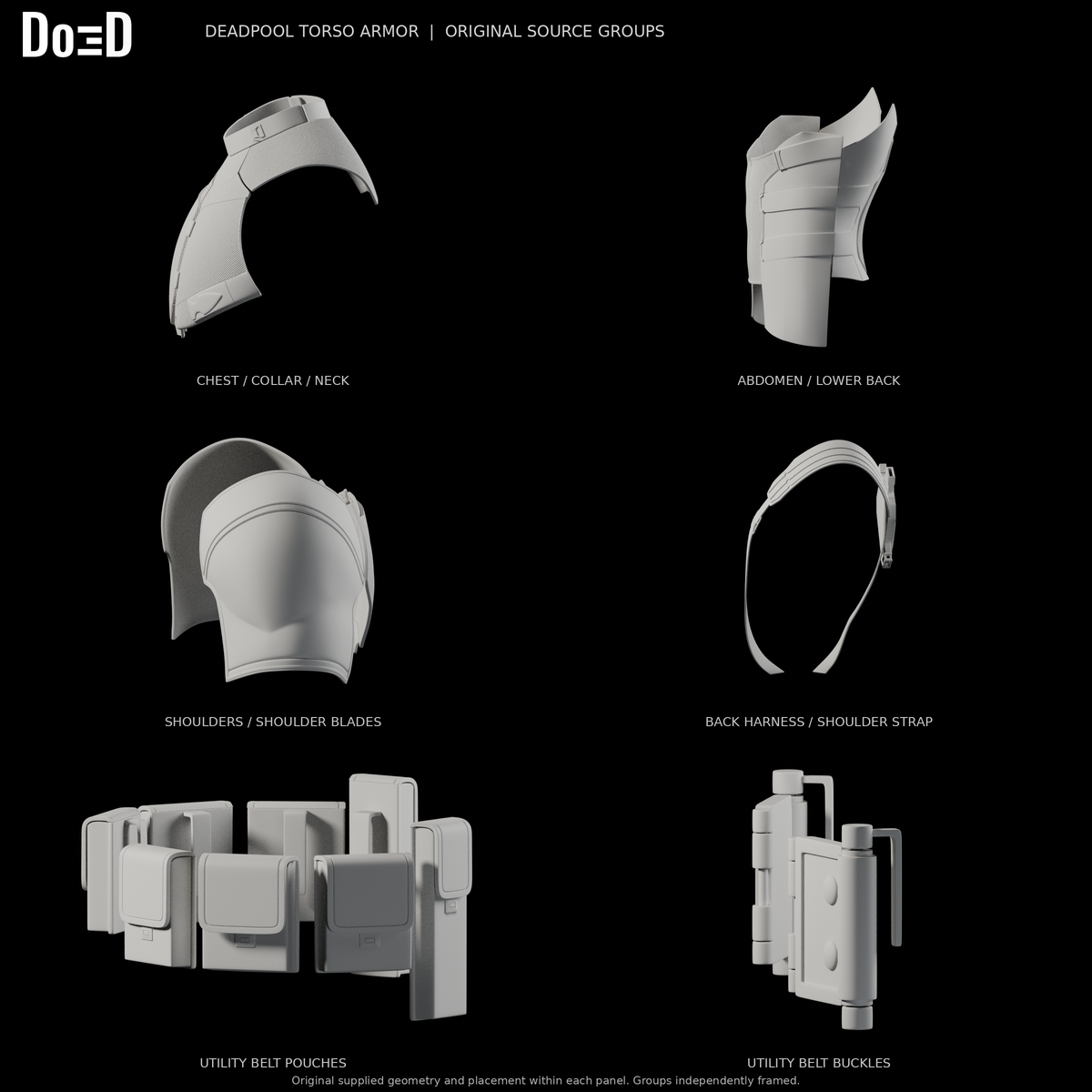Deadpool torso armor, side views of the same original components in six separately framed source groups, Blender rendered