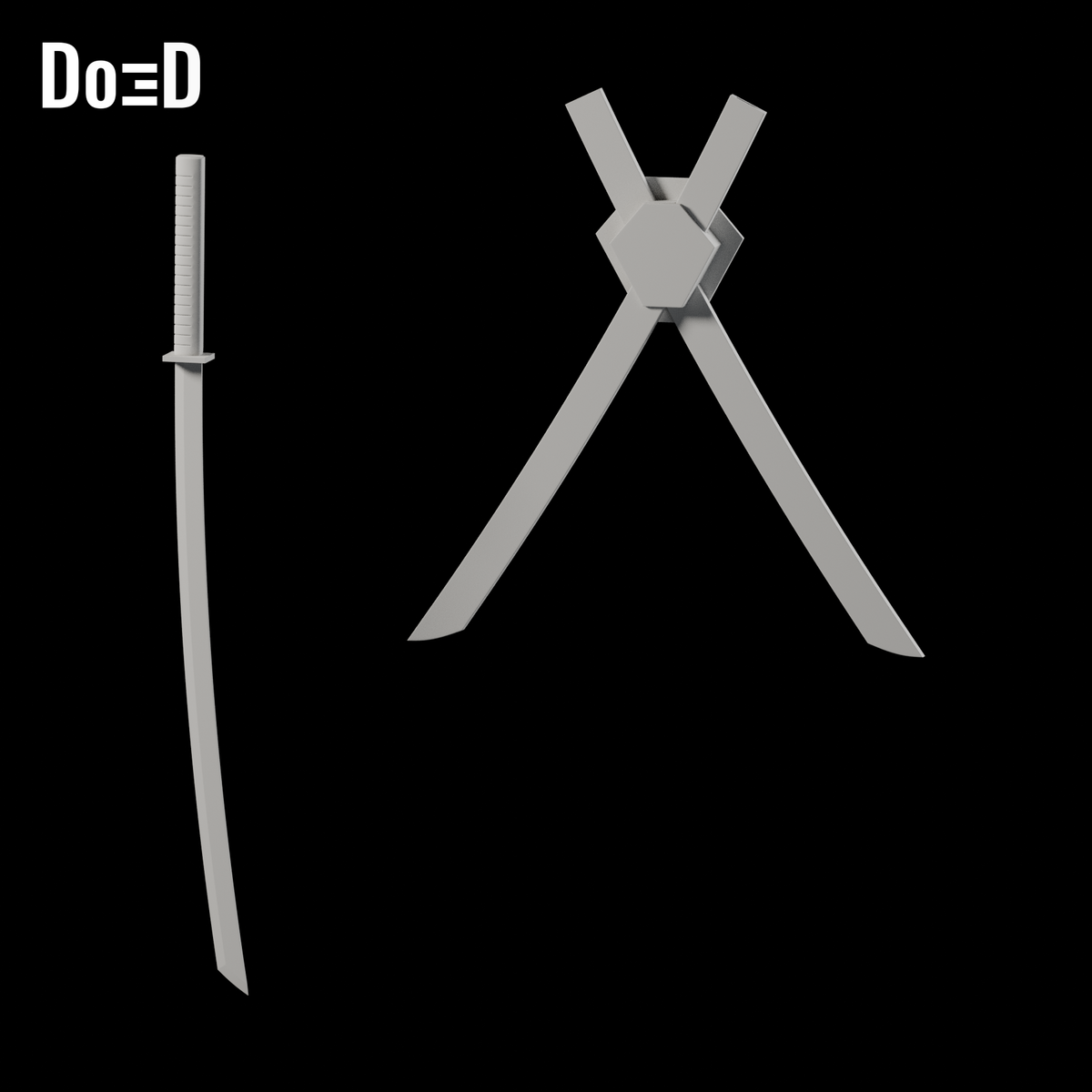 Do3D Deadpool cosmetic katana and crossed back case, accurate Blender clay render