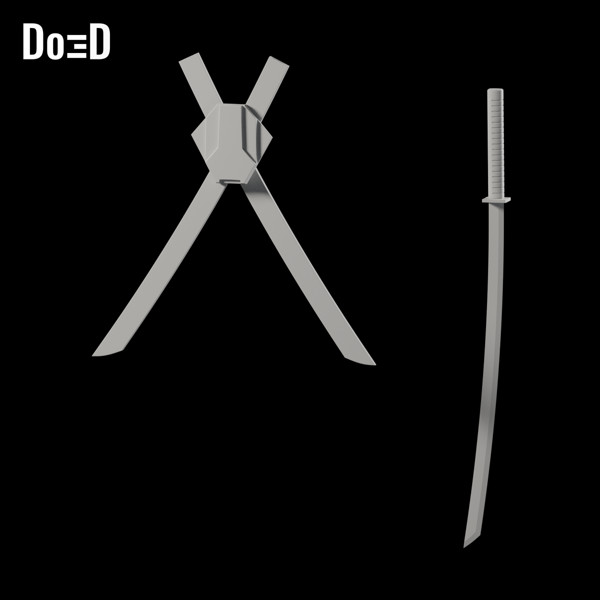 Do3D Deadpool cosmetic katana and crossed back case, rear view of the same supplied configuration