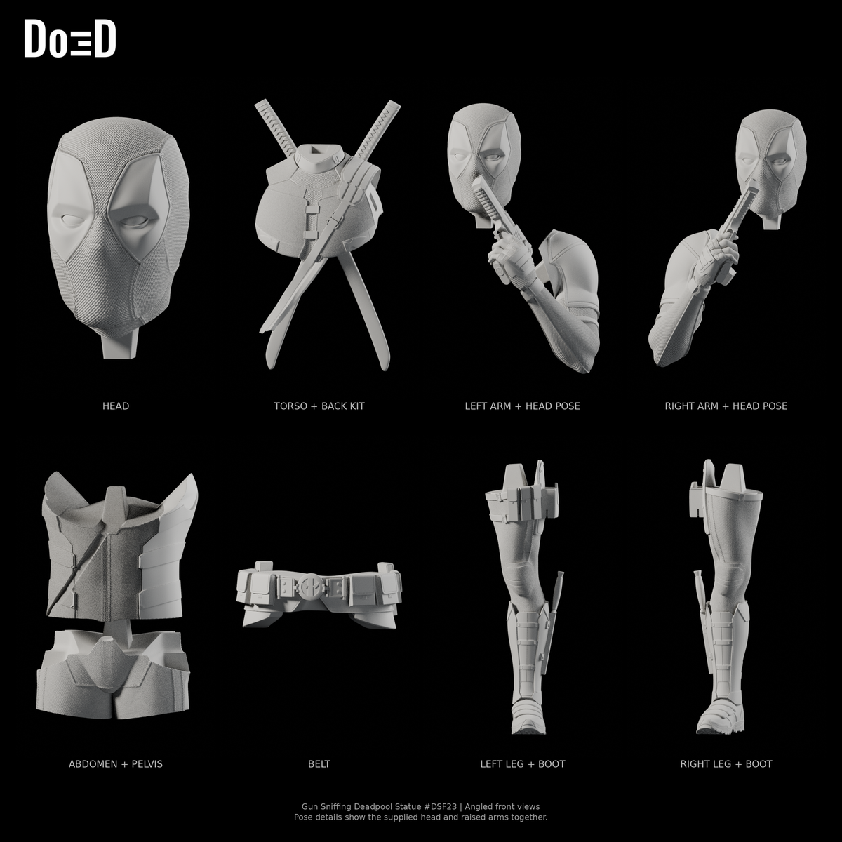 Gun Sniffing Deadpool Statue DSF23, Blender matte-clay angled front detail views; supplied source groups shown separately, with head repeated in labeled raised-arm pose details