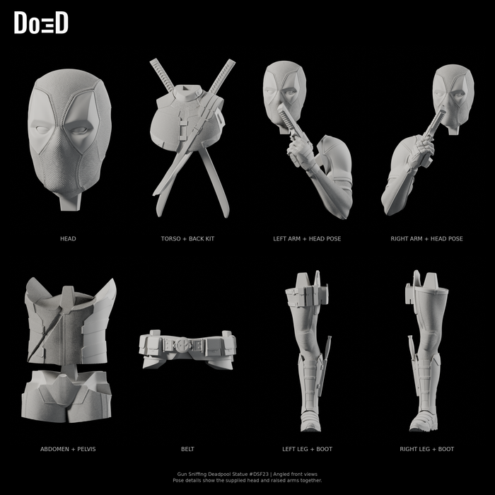 Gun Sniffing Deadpool Statue DSF23, Blender matte-clay angled front detail views; supplied source groups shown separately, with head repeated in labeled raised-arm pose details