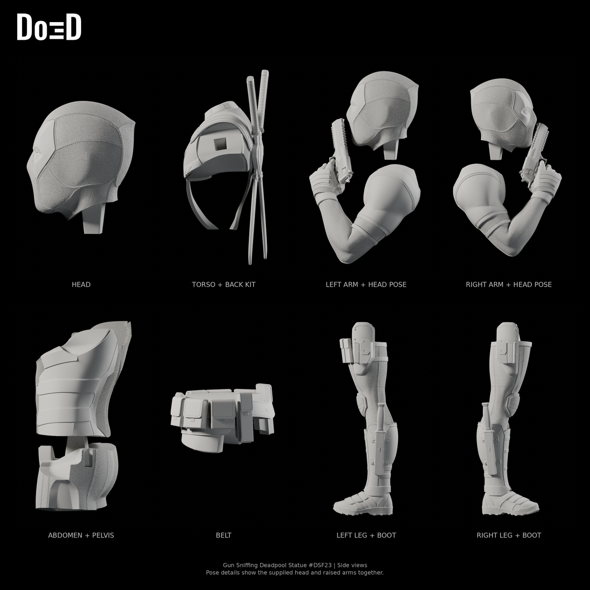 Gun Sniffing Deadpool Statue DSF23, Blender matte-clay side detail views; supplied source groups shown separately, with head repeated in labeled raised-arm pose details