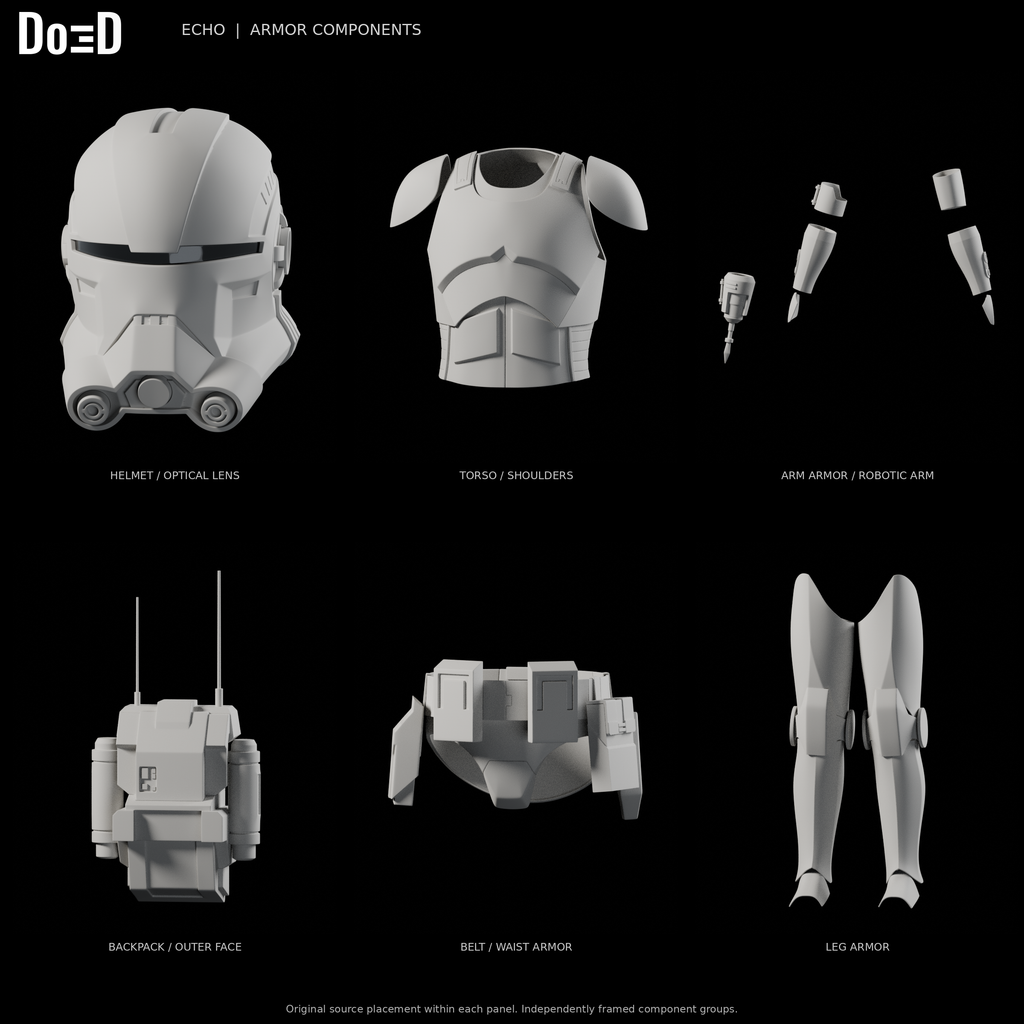 Echo Bad Batch armor, original supplied components and genuine glass visor in six separately framed source groups, Blender rendered front views