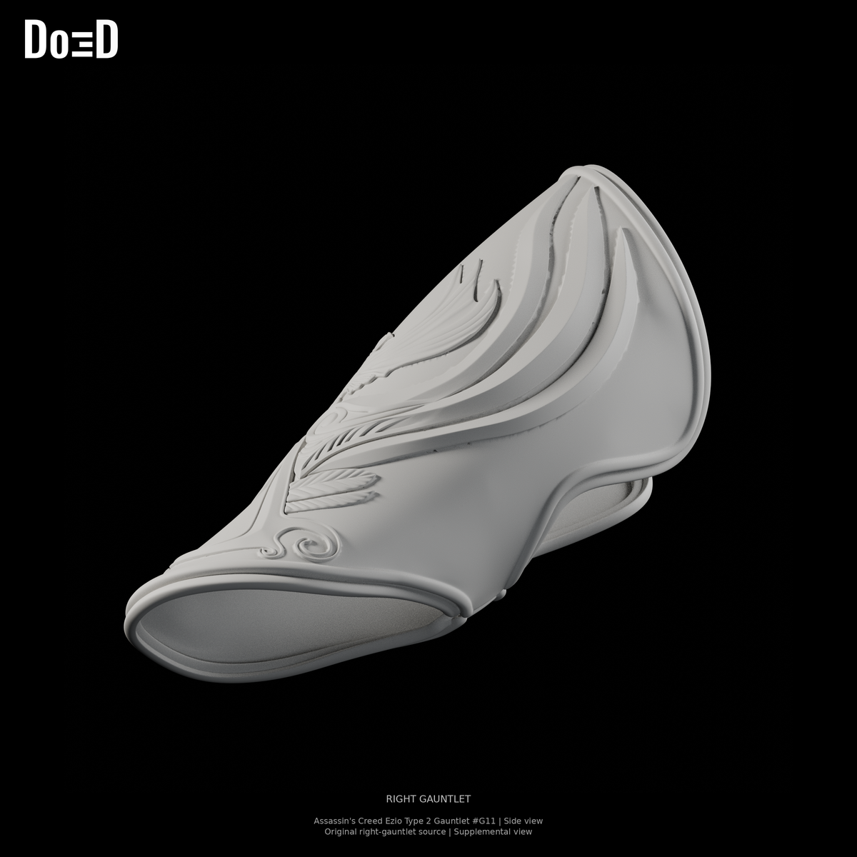 Assassin's Creed Ezio Type 2 Gauntlet G11, original right-gauntlet source, Blender matte-clay side supplemental view