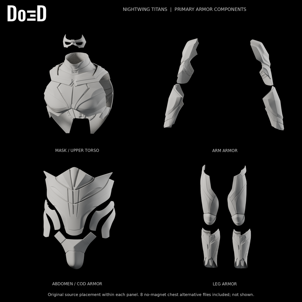 Nightwing Titans primary armor components, original supplied groups with open eye mask, Blender rendered front views