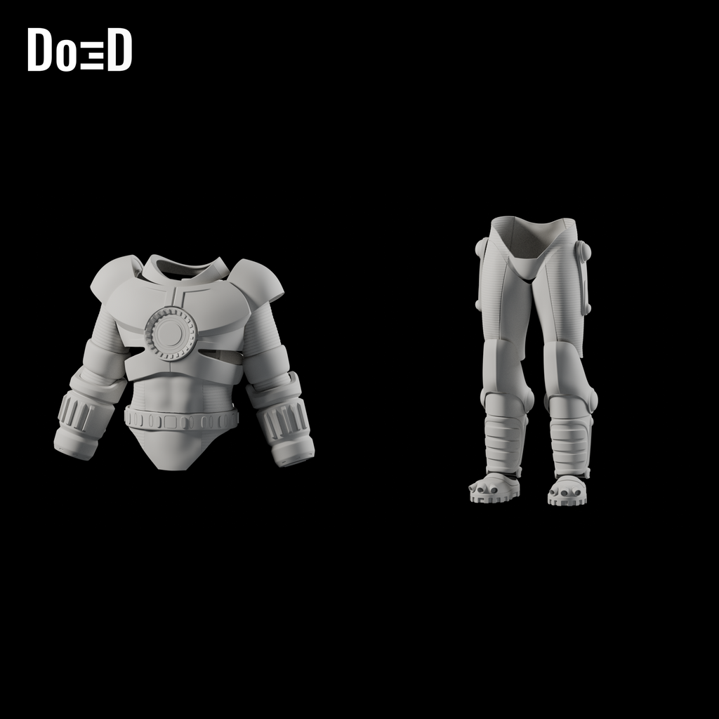 Do3D Spy Kids armor, separate upper and lower armor views, accurate Blender clay render