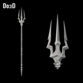 Do3D Black Manta T221 cosmetic trident prop, full model and magnified head detail in Blender clay