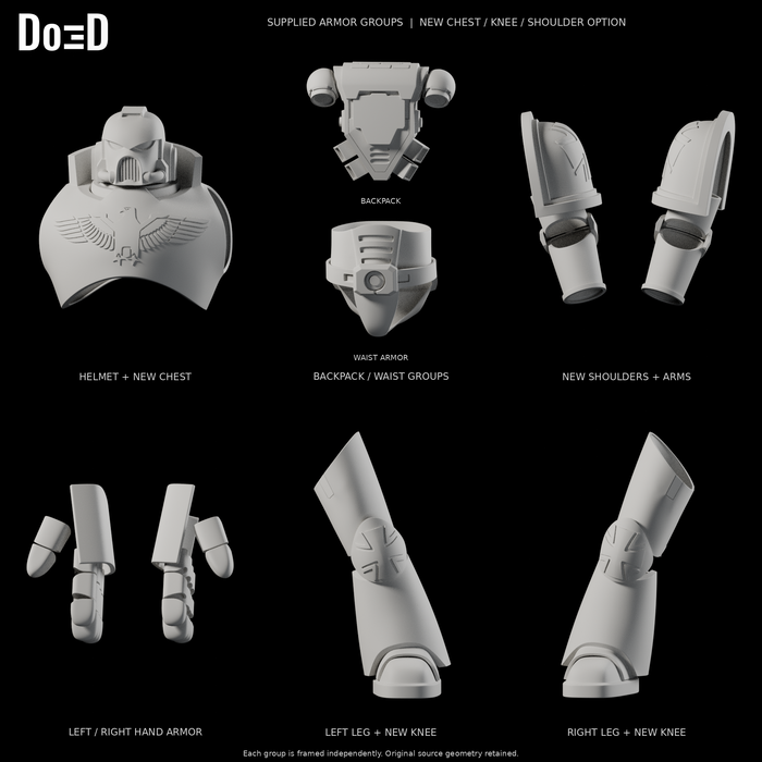 Warhammer 40K armor set, supplied new chest knee and shoulder option in labeled source groups, Blender rendered front views